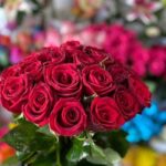 دسته گل گرد با گل‌های رز قرمز هلندی