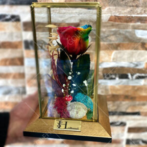 باکس گل رز جاودان رنگی شیشه‌ای زیره چوبی