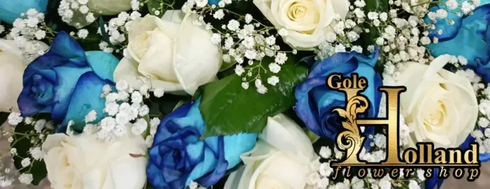 گل رز آبی و سفید با کیک تولد ماکارون آبی