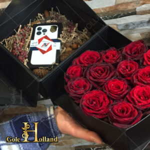 باکس گل قلبی همراه گل‌های رز هلندی سورپرایزی