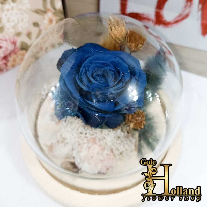 گل-رز-جاودان-آبی-با-پایه-چوبی-و-حباب-شیشه