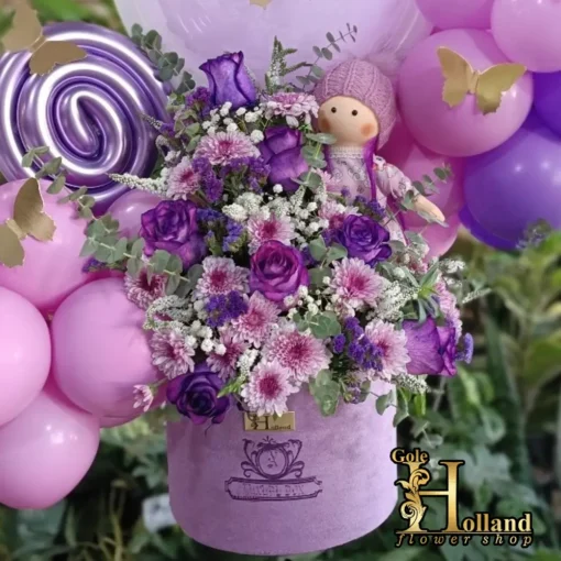 باکس گل تولد نوزاد با گل رز و داوودی و بادکنک